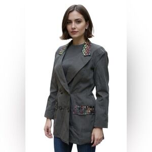 Vintage Judy Knapp Black Beaded Double Breasted Suit Jacket Blazer